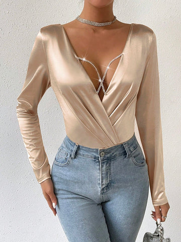 Rhinestone Decor Pleated Long Sleeve Jumpsuit