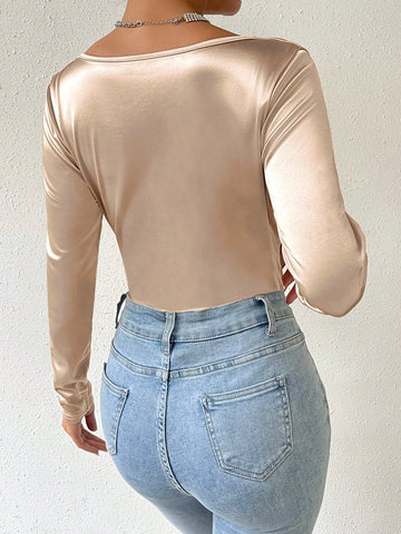 Rhinestone Decor Pleated Long Sleeve Jumpsuit