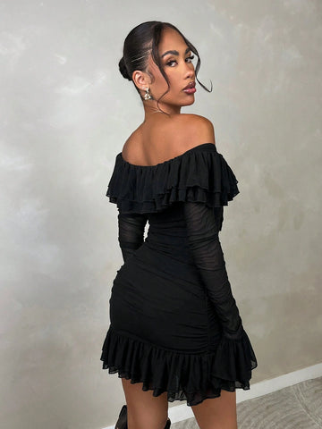Romantic Sweet Sexy Bodycon Ruffle Long Sleeve Off Shoulder Mini Ruched Dress, Elegant Fashion