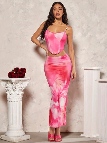 Romantic Valentine'S Day Dating Lace Mesh Floral Print Cami Top & High Slit Skirt Glamorous Women'S 2pcs Set