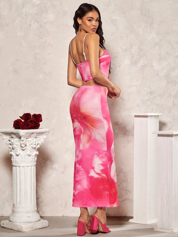 Romantic Valentine'S Day Dating Lace Mesh Floral Print Cami Top & High Slit Skirt Glamorous Women'S 2pcs Set