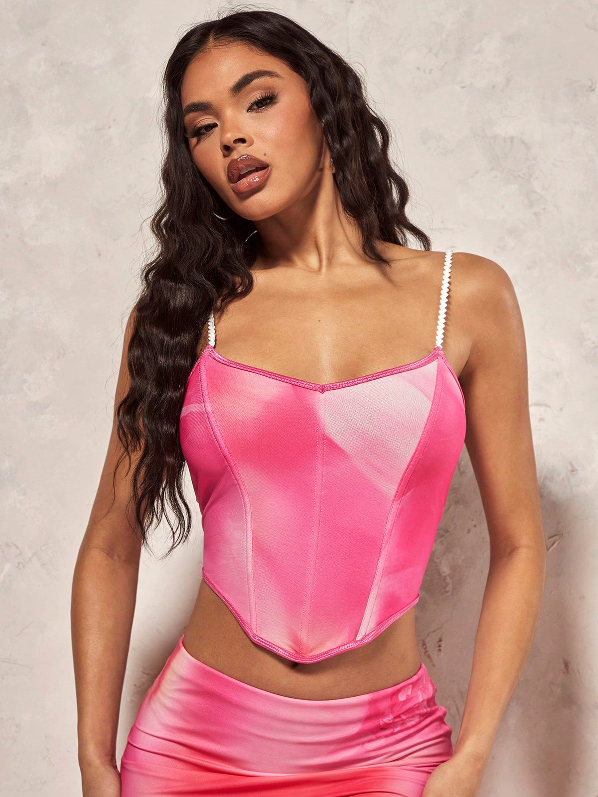 Romantic Valentine'S Day Dating Lace Mesh Floral Print Cami Top & High Slit Skirt Glamorous Women'S 2pcs Set