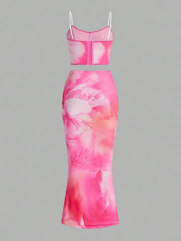 Romantic Valentine'S Day Dating Lace Mesh Floral Print Cami Top & High Slit Skirt Glamorous Women'S 2pcs Set