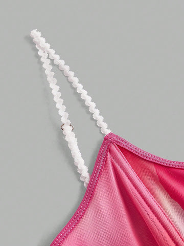 Romantic Valentine'S Day Dating Lace Mesh Floral Print Cami Top & High Slit Skirt Glamorous Women'S 2pcs Set