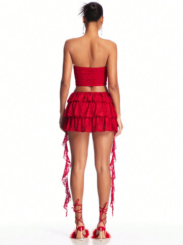 Romantic Valentine'S Day & New Year Women'S Outfit, Lace Ruffle Hem Skirt And Strapless Top With Sash, 2pcs/Set