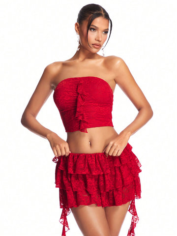 Romantic Valentine'S Day & New Year Women'S Outfit, Lace Ruffle Hem Skirt And Strapless Top With Sash, 2pcs/Set