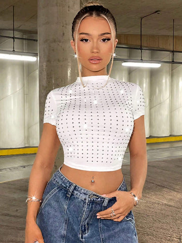 Round Neck Rhinestone Embellished Slim Fit Short T-Shirt For Country Music Festival