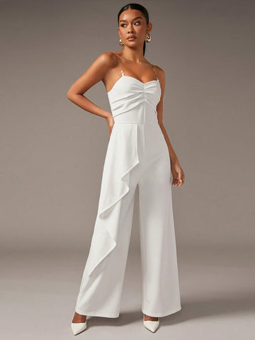 Ruched Front Ruffle Trim Cami Jumpsuit