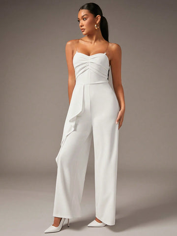 Ruched Front Ruffle Trim Cami Jumpsuit