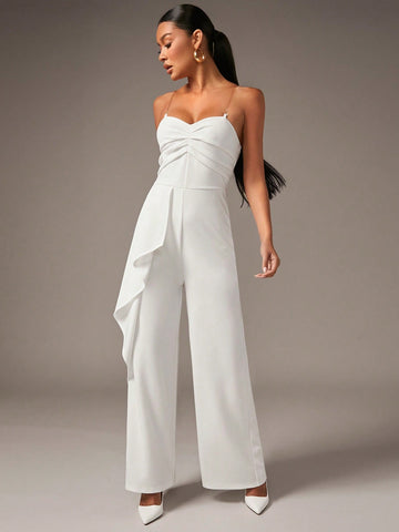 Ruched Front Ruffle Trim Cami Jumpsuit