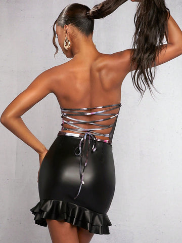 BAE Ruffle Hem PU Leather Bodycon Skirt