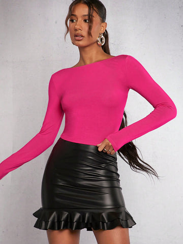 BAE Ruffle Hem PU Leather Bodycon Skirt