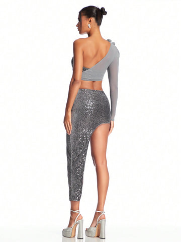 Sequin Patchwork 3d Flower Cropped Top With Asymmetrical Hem Skirt Set