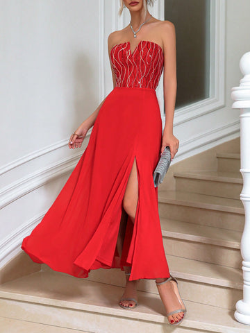 Sequined Patchwork High Side Split Bridesmaid Dress