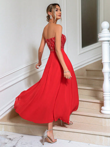 Sequined Patchwork High Side Split Bridesmaid Dress