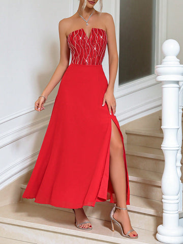 Sequined Patchwork High Side Split Bridesmaid Dress