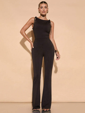 Sexy Backless Bowknot Strap Bodycon Long Flare Jumpsuit, Elegant Going Out Outfit For Parties, Dates And Events, Fall Clothing