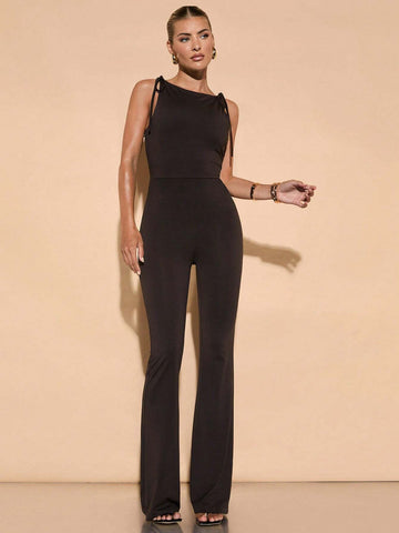 Sexy Backless Bowknot Strap Bodycon Long Flare Jumpsuit, Elegant Going Out Outfit For Parties, Dates And Events, Fall Clothing