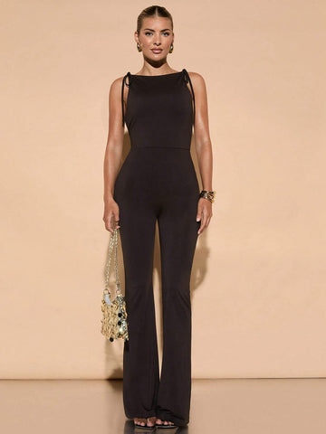 Sexy Backless Bowknot Strap Bodycon Long Flare Jumpsuit, Elegant Going Out Outfit For Parties, Dates And Events, Fall Clothing