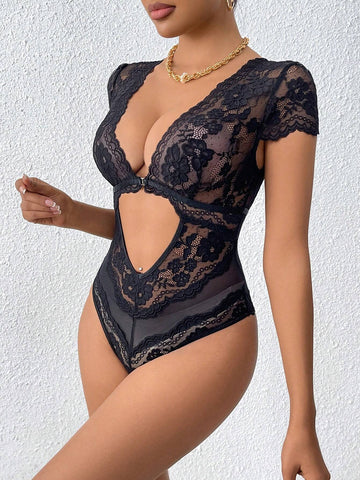 Sexy Deep V-Neck Ladies' See-Through Lace Bodysuit