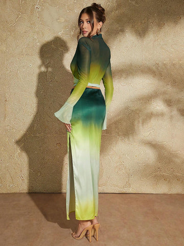 BAE Sexy Gradient Green High Slit Pencil Skirt