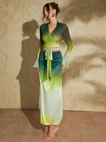 BAE Sexy Gradient Green High Slit Pencil Skirt