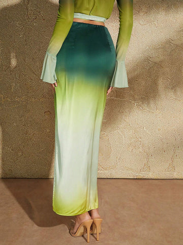 BAE Sexy Gradient Green High Slit Pencil Skirt
