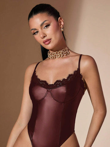 Solid Color Lace Patchwork PU Leather Bodysuit, Autumn/Winter