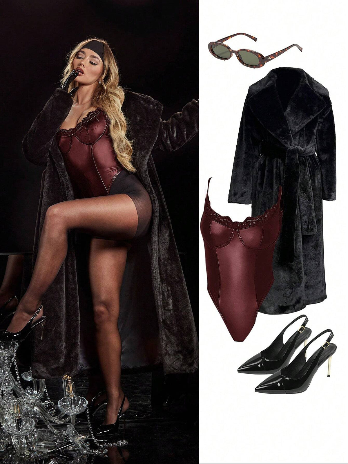 Solid Color Lace Patchwork PU Leather Bodysuit, Autumn/Winter