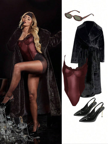 Solid Color Lace Patchwork PU Leather Bodysuit, Autumn/Winter