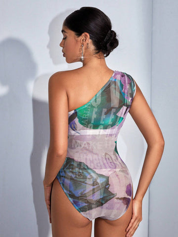 Sexy Women's Music Festival Stripe Tie Dye Mesh Print One Shoulder Bodysuit For Party And Nightclub