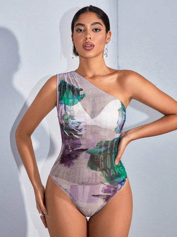 Sexy Women's Music Festival Stripe Tie Dye Mesh Print One Shoulder Bodysuit For Party And Nightclub