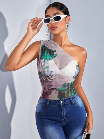 Sexy Women's Music Festival Stripe Tie Dye Mesh Print One Shoulder Bodysuit For Party And Nightclub