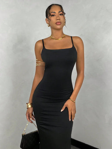 Simplicity Square Neck Backless Cross Strap Bodycon Sexy Black Summer Dress With Wrapping