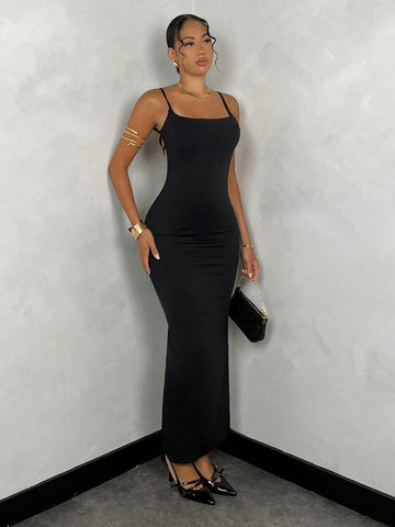 Simplicity Square Neck Backless Cross Strap Bodycon Sexy Black Summer Dress With Wrapping