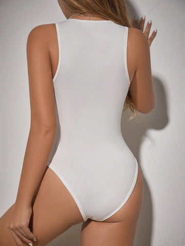 Sleeveless Round Neck Sheer Mesh Patchwork Sexy Bodysuit