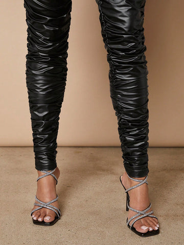 Sleeveless Tight Pu Jumpsuit With Pleats