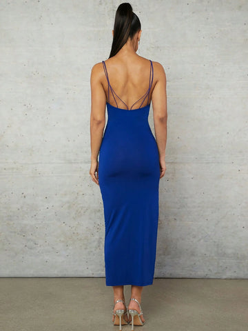 Slit Back Rhinestone Embellished Draped Collar Dress