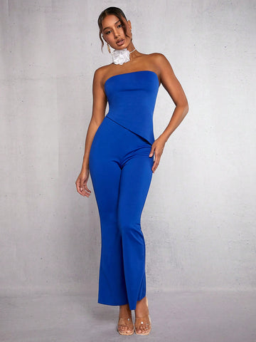 Solid Asymmetrical Hem Tube Top & Flare Leg Pants