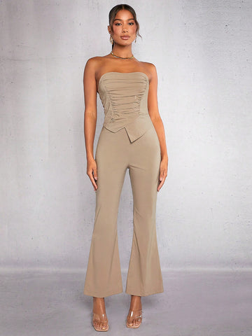 Solid Asymmetrical Hem Tube Top & Flare Leg Pants