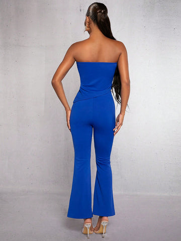 Solid Asymmetrical Hem Tube Top & Flare Leg Pants