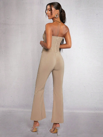 Solid Asymmetrical Hem Tube Top & Flare Leg Pants
