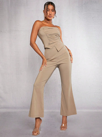 Solid Asymmetrical Hem Tube Top & Flare Leg Pants
