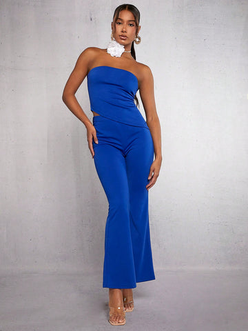 Solid Asymmetrical Hem Tube Top & Flare Leg Pants