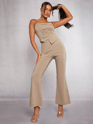 Solid Asymmetrical Hem Tube Top & Flare Leg Pants