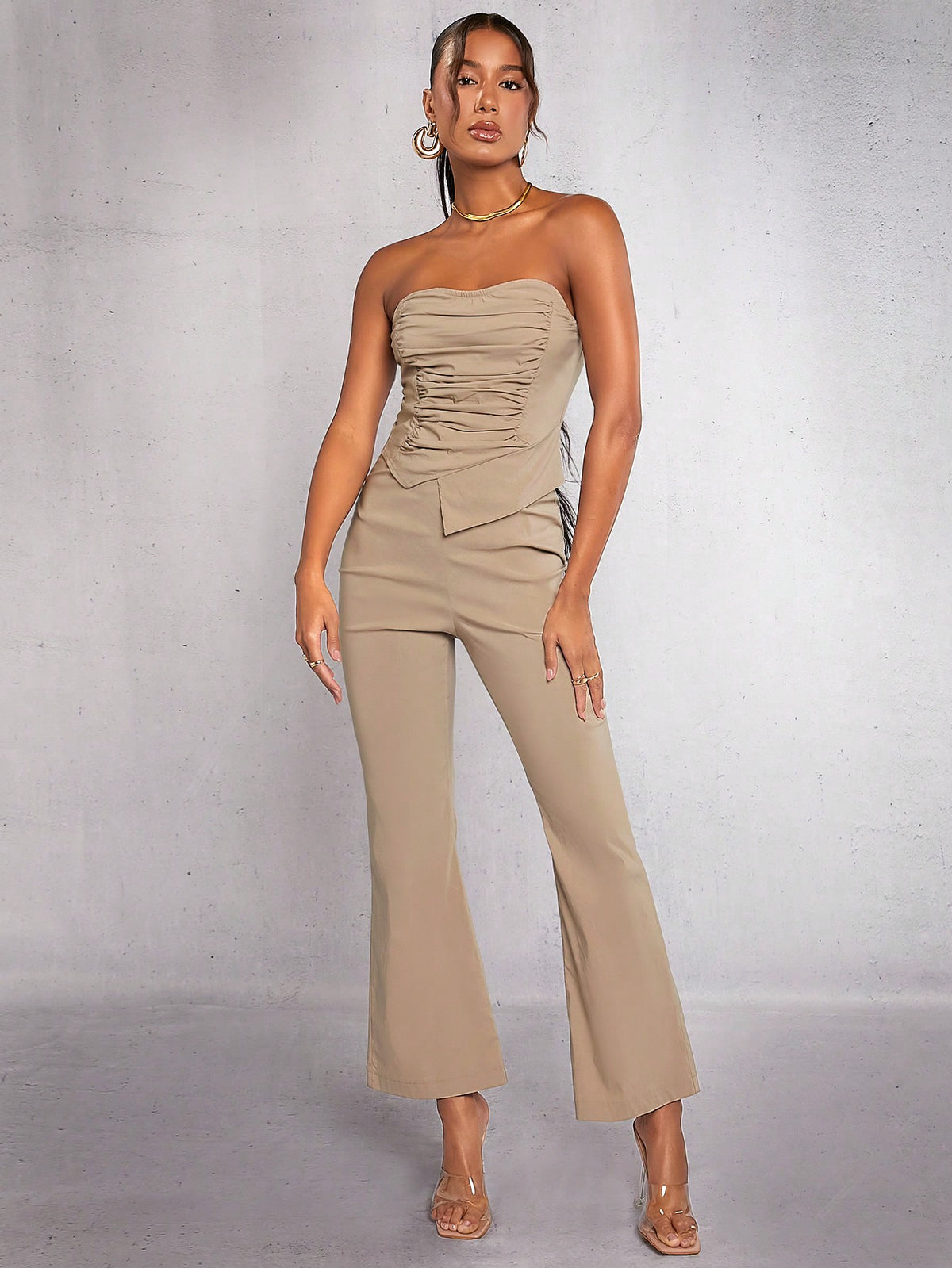 Solid Asymmetrical Hem Tube Top & Flare Leg Pants