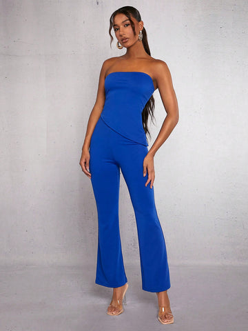 Solid Asymmetrical Hem Tube Top & Flare Leg Pants