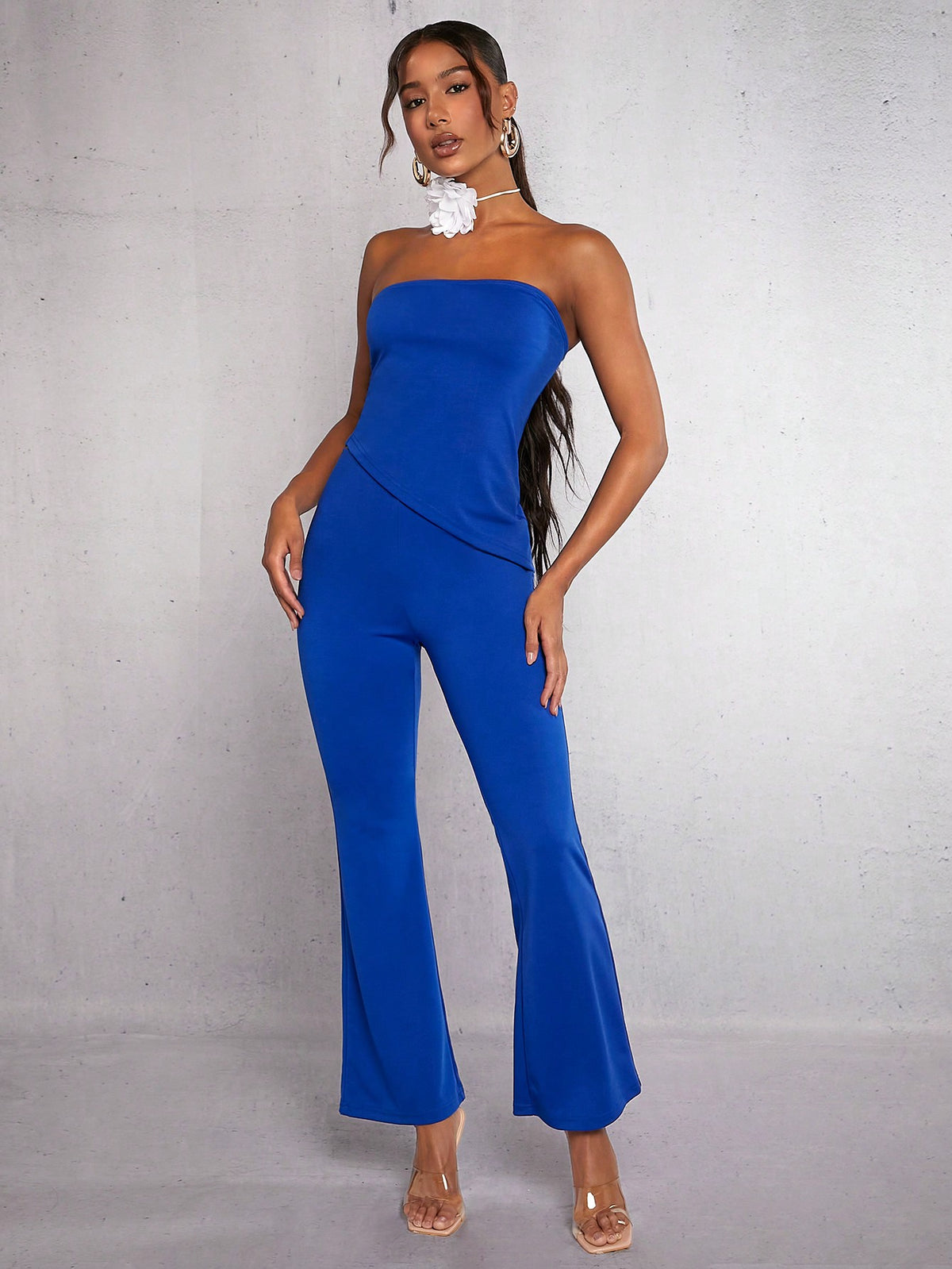 Solid Asymmetrical Hem Tube Top & Flare Leg Pants
