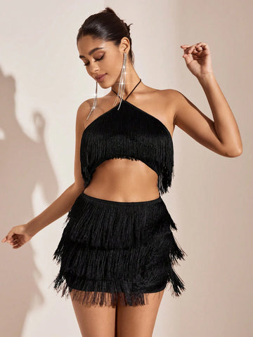 Solid Black Halter Top And Skirt Set For Music Festival, Summer