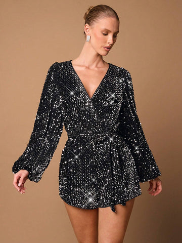Solid Black Sexy Deep V-Neck Long Sleeve Sequin Decor Cropped Jumpsuit, Suitable For Cocktail Party, Romantic Date, Autumn/Winter Base Layer, Nightclub Party, Gathering, Formal Occasion, Going Out At Night, Halloween & Christmas